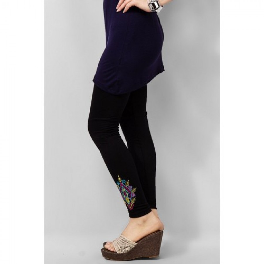 Women's Black Viscose Embroidered Tights. MVC-15